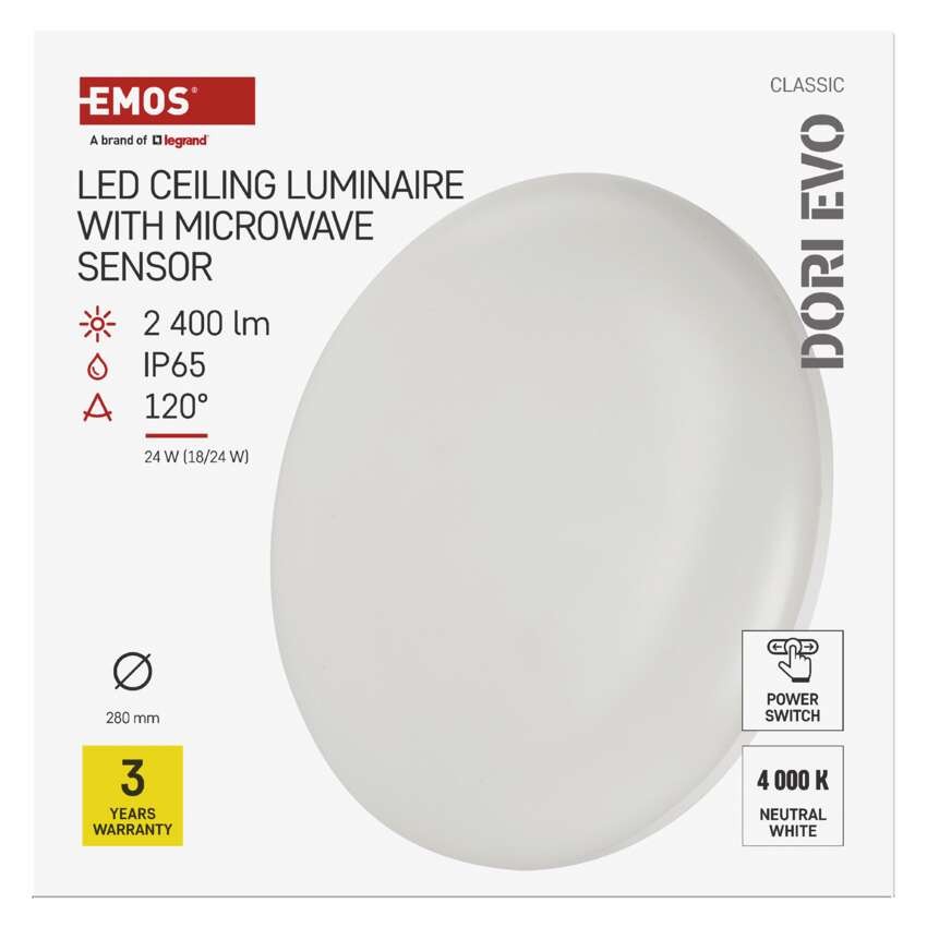 LED mennyezeti lámpatest DORI EVO, MW, kerek, fehér 24W, IP65, Természetes fehér