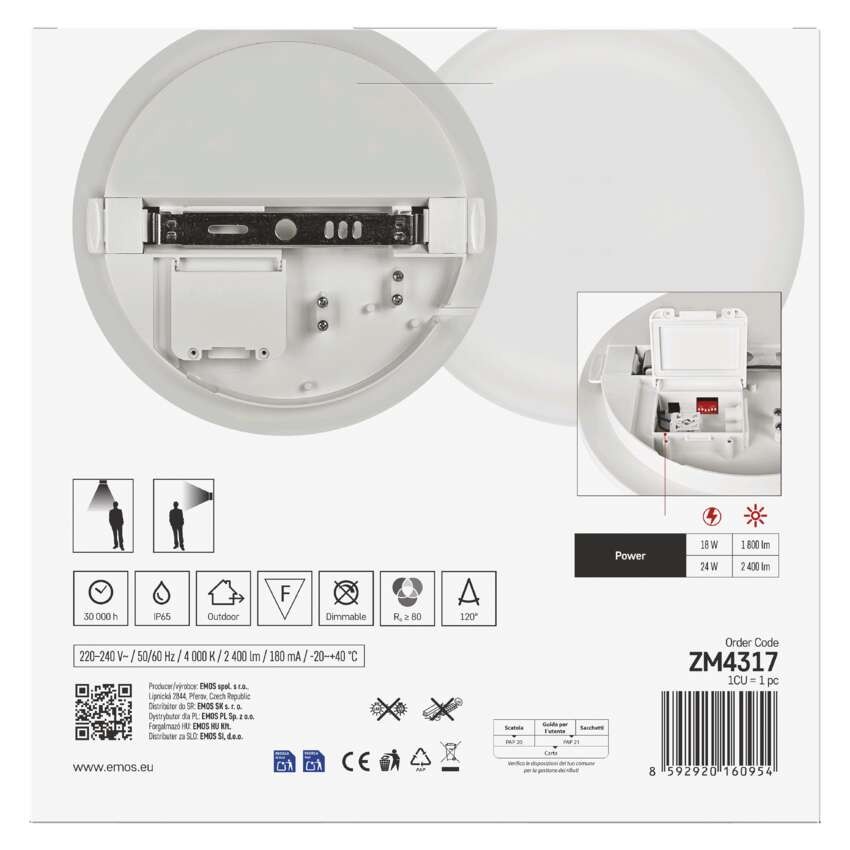 LED mennyezeti lámpatest DORI EVO, MW, kerek, fehér 24W, IP65, Természetes fehér