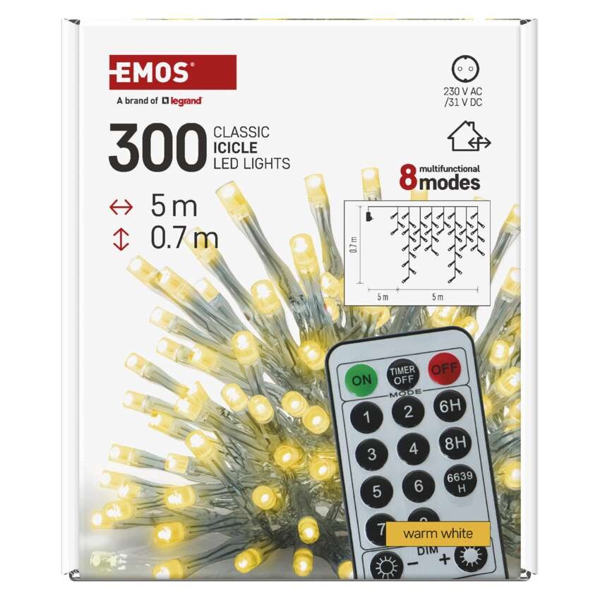 LED Ziemassv. lamp. – lāst., 5 m, liet. ārā un iekšt., silti b., ar pulti, 8 r., ar taim.