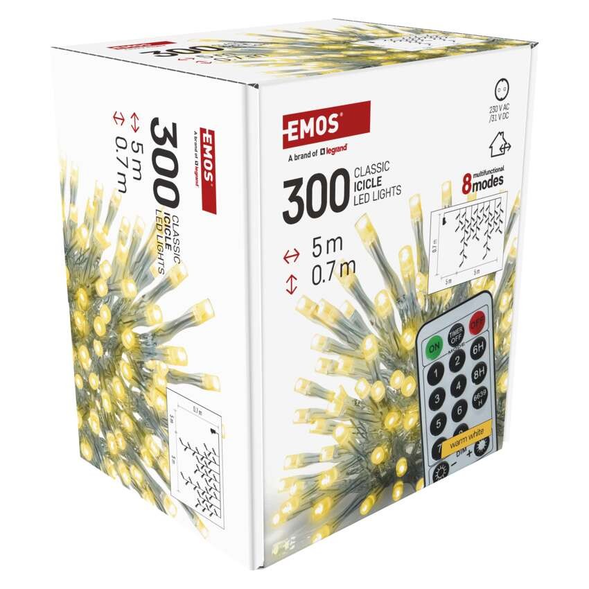 LED Ziemassv. lamp. – lāst., 5 m, liet. ārā un iekšt., silti b., ar pulti, 8 r., ar taim.