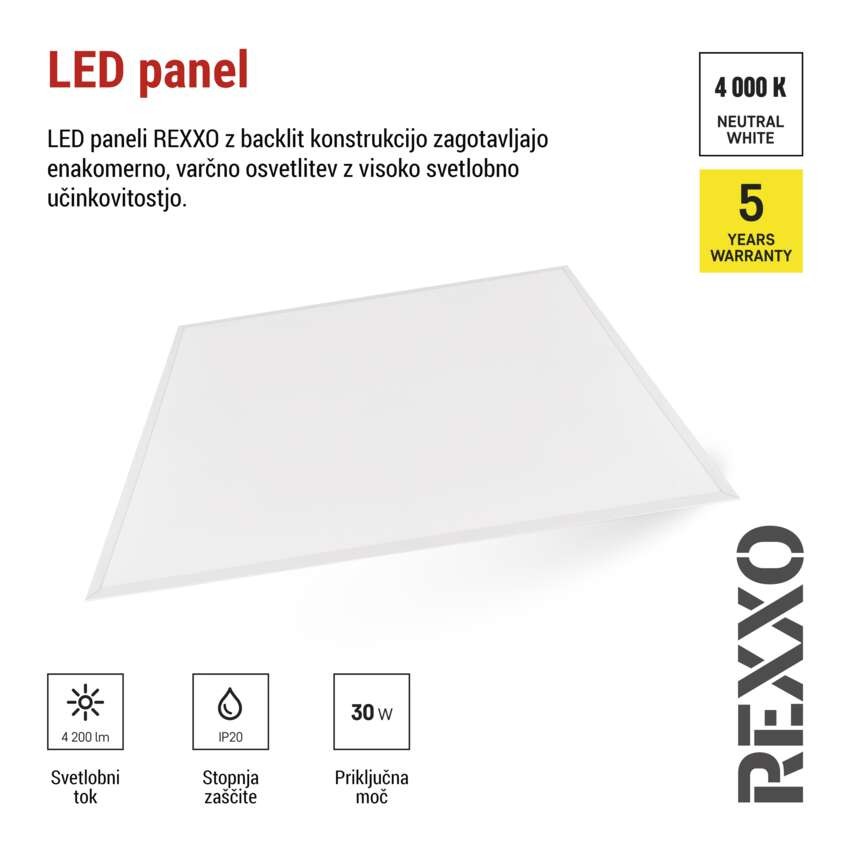 LED panel REXXO backlit 60×60, kvadratni, vgradni, bel, 30W NW