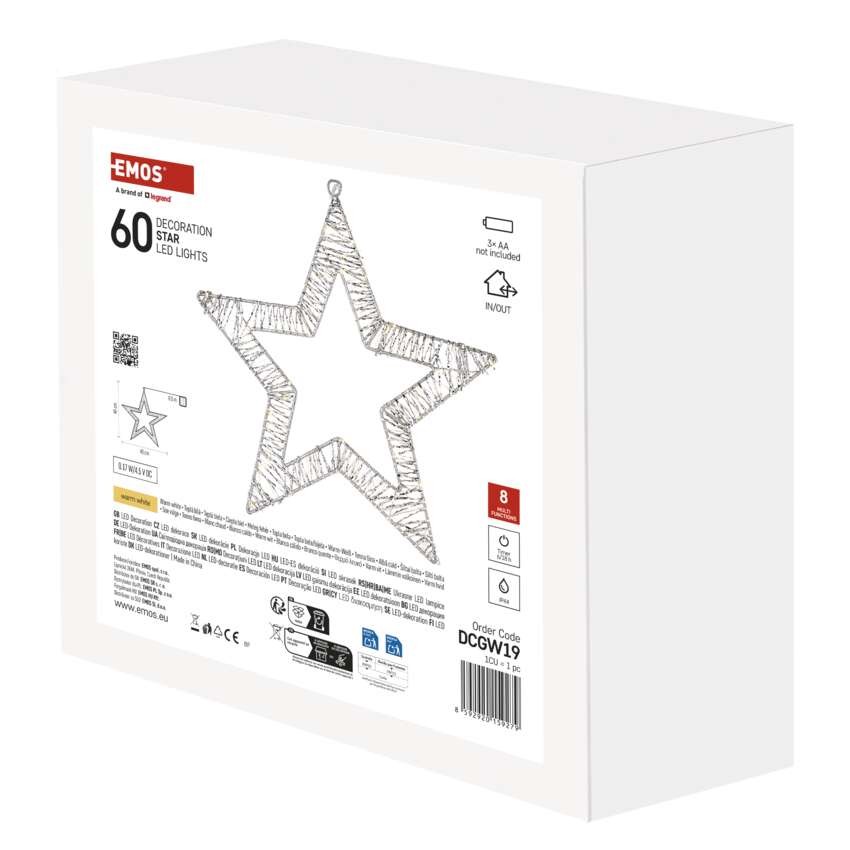 LED-dísz – függő csillag, 3xAA, meleg fehér, időzítő