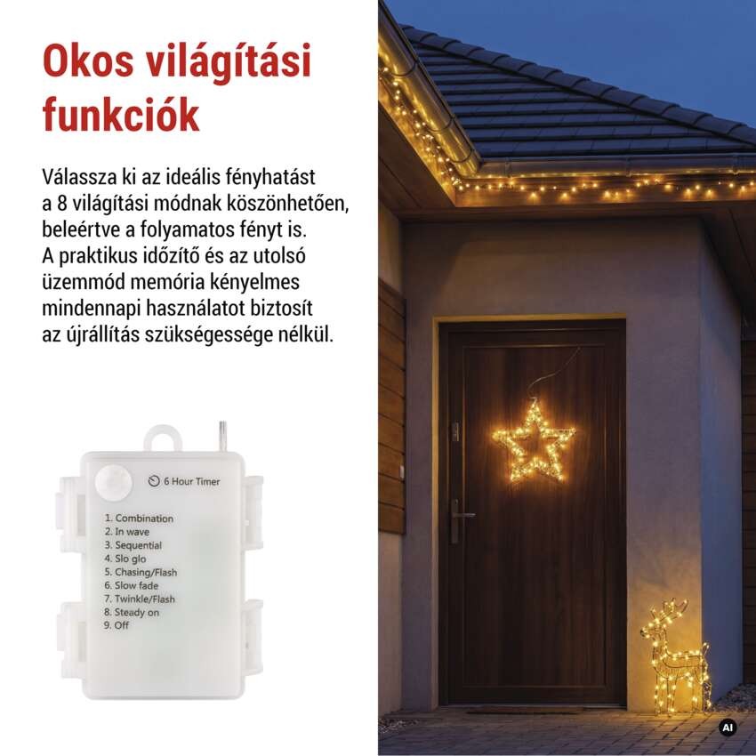 LED-dísz – függő csillag, 3xAA, meleg fehér, időzítő