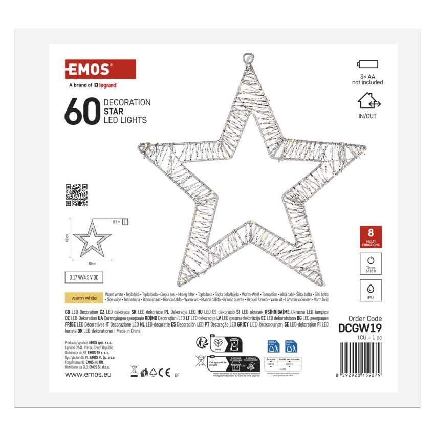 LED-dísz – függő csillag, 3xAA, meleg fehér, időzítő