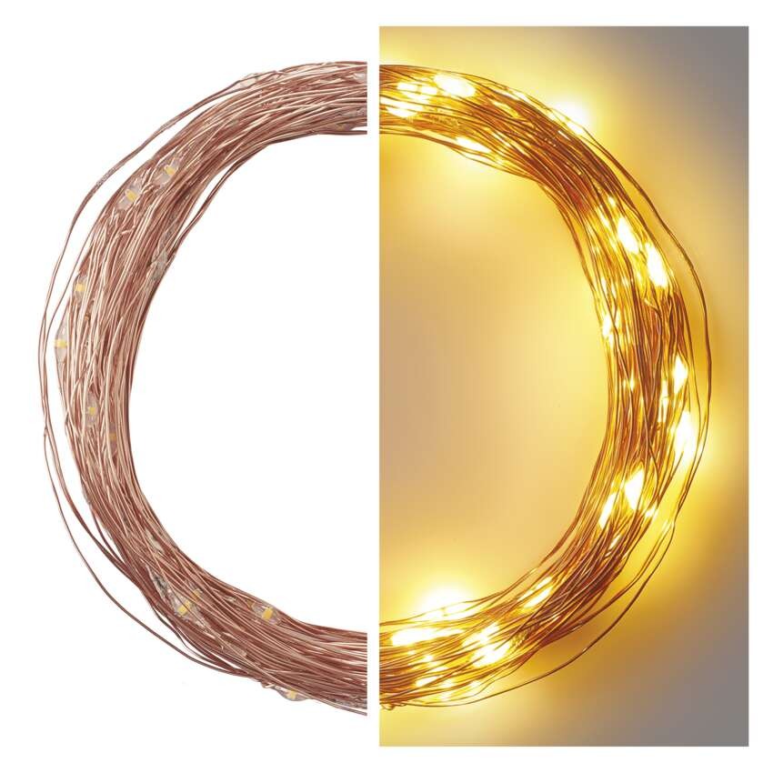 LED Ziemassvētku nano virtene, vara, 10 m, liet. ārā un iekštelpās, silti balta, ar taim.