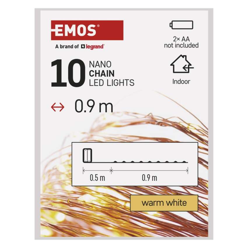 LED karácsonyi nano fényfüzér, réz, 0,9 m, 2x AA, beltéri, meleg fehér, időzítő