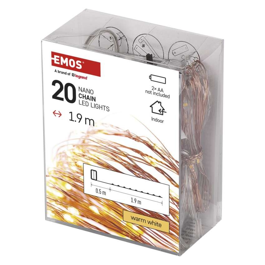 LED vianočná nano reťaz, 1,9 m, 2x AA, vnútorná, teplá biela, časovač