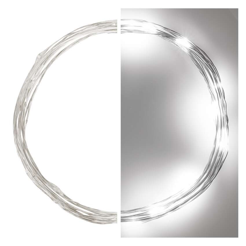 LED Ziemassvētku nano virtene, sudr., 1,9 m, 2x AA, liet. iekšt., auksti balta, ar taimeru