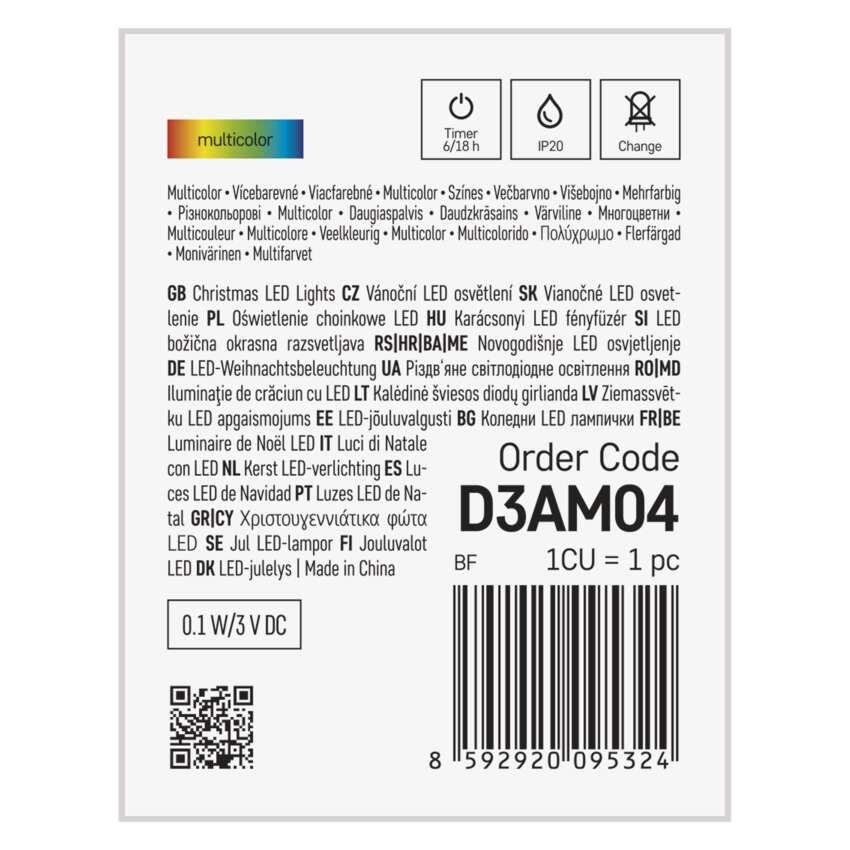 LED vánoční nano řetěz, 1,9 m, 2x AA, vnitřní, multicolor, časovač