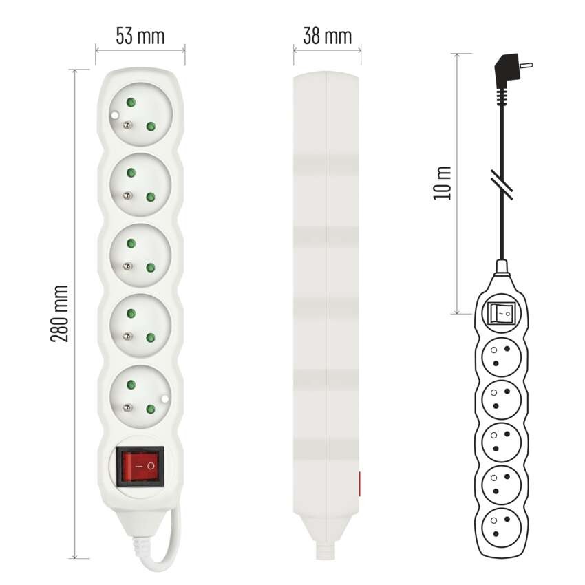 Predlžovací kábel 10 m / 5 zásuviek / s vypínačom / biely / PVC / 1 mm2