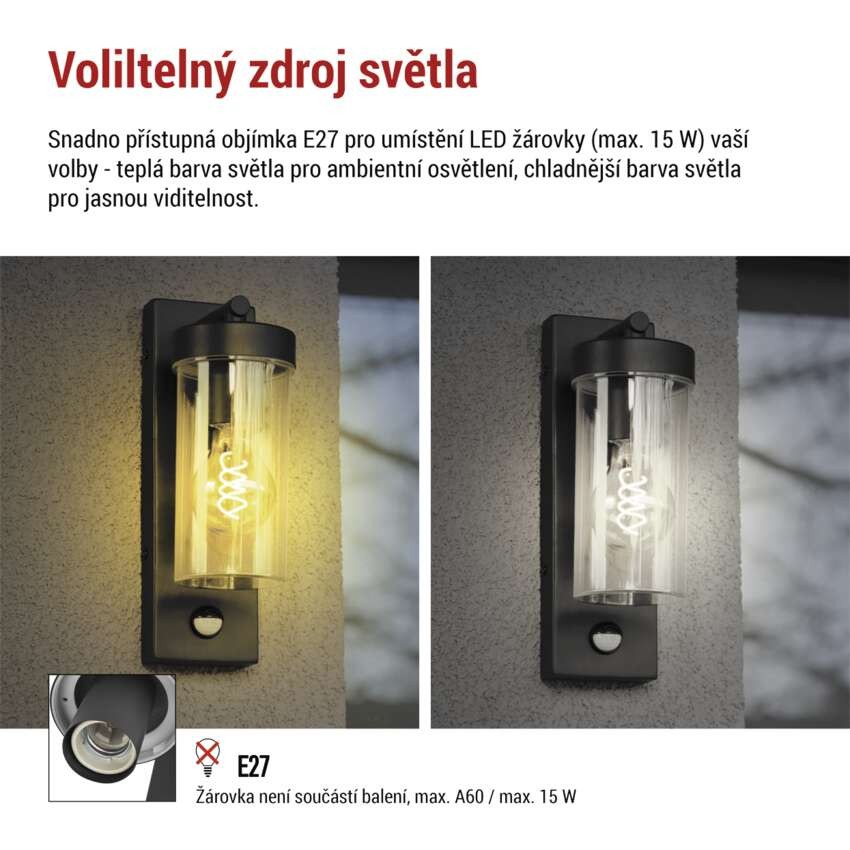 Zahradní nástěnné svítidlo ZALA, čidlo soumraku, 12,8 × 8 × 28 cm, 1 × E27, 15 W