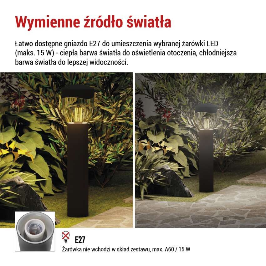 Słupek oświetleniowy Garden ARTEO 80cm, na żarówkę E27 max 15W, IP44