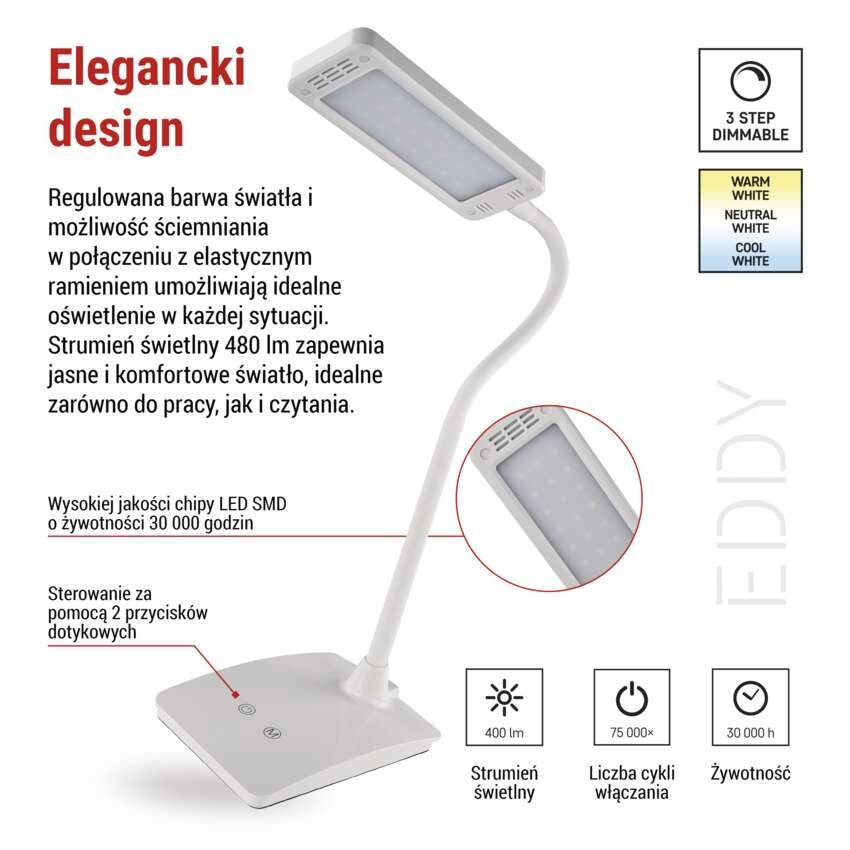 Lampa biurkowa LED EDDY biała, WW/NW/CW