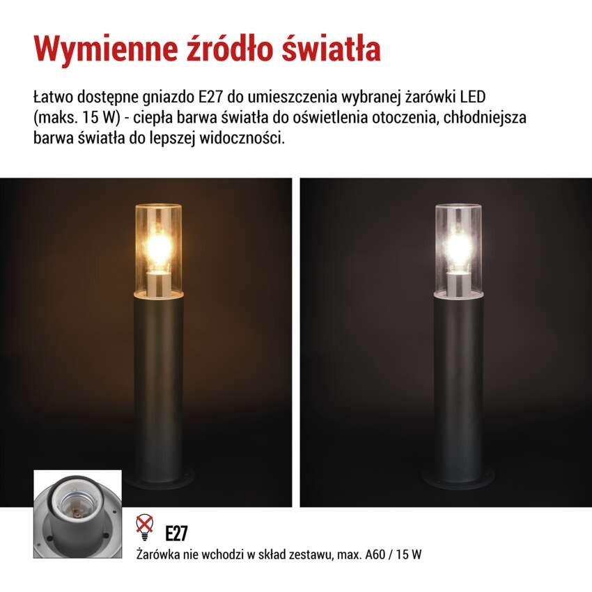 Słupek oświetleniowy Garden ZALA 50cm, na żarówkę E27 max 15W, IP44
