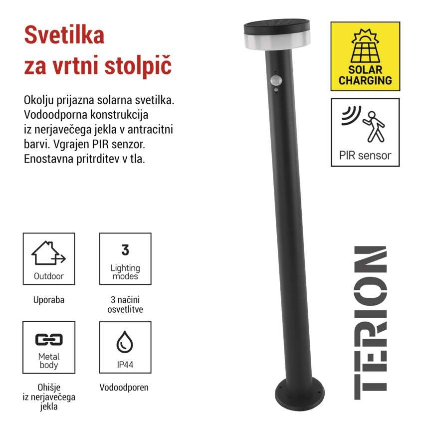 Vrtna LED stoječa svetilka TERION s PIR senzorjem, 12,5 x 12,5 x 80 cm