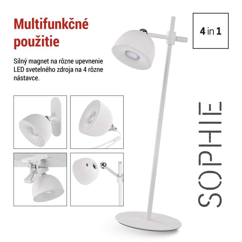LED stolná lampa SOPHIE, dobíjacia, biela