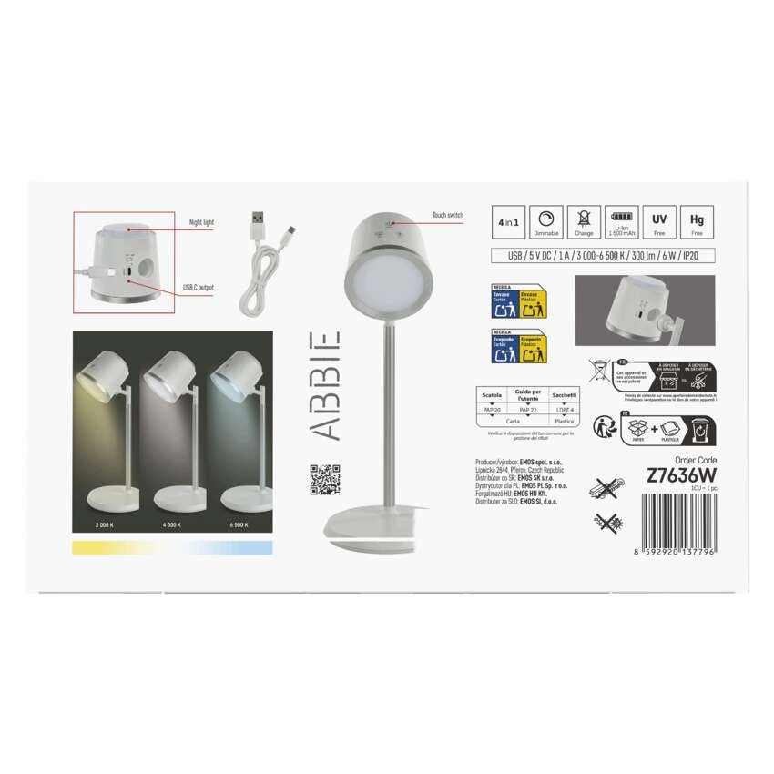 LED stolní lampa ABBIE, nabíjecí, bílá