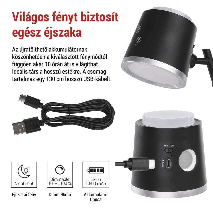 EMOS Abbie LED asztali lámpa, újratölthető, fekete
