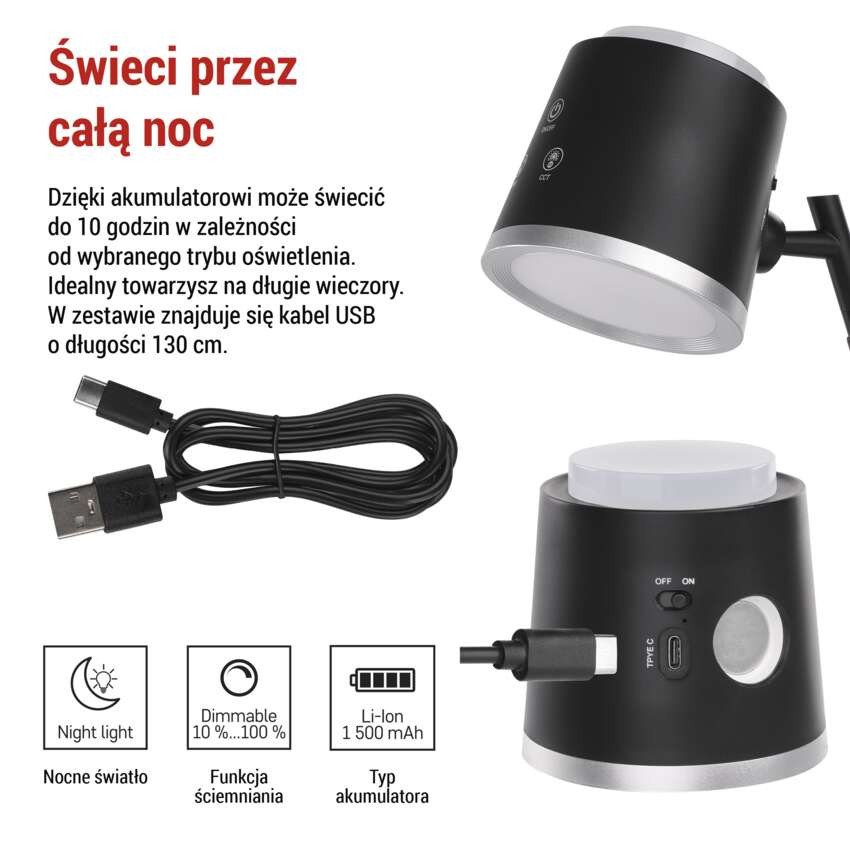 Lampa biurkowa LED ABBIE, ładowalna, czarna