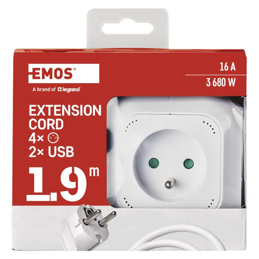 Predlžovací kábel - kocka 1,9 m / 4 zásuvky / biely / PVC / s USB / 1 mm2