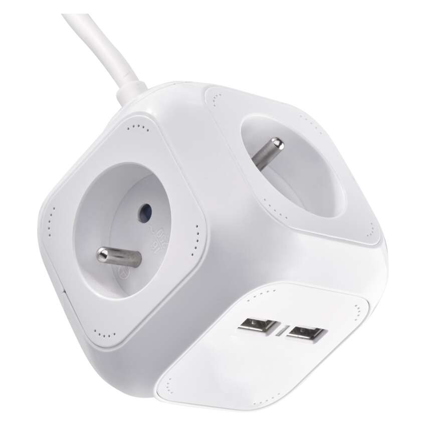 Predlžovací kábel - kocka 1,9 m / 4 zásuvky / biely / PVC / s USB / 1 mm2