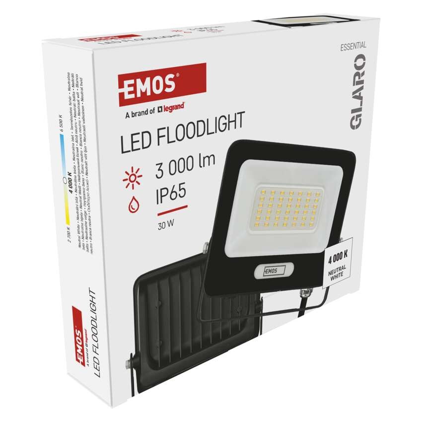 LED reflektor GLARO 30W, fekete, IP65, 3000 lm, természetes fehér
