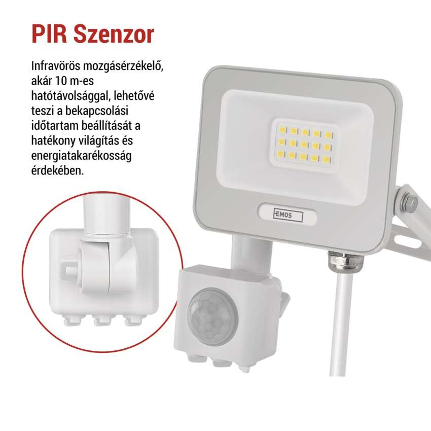 LED reflektor GLARO PIR 10 W, fehér, IP54, 1000 lm, természetes fehér
