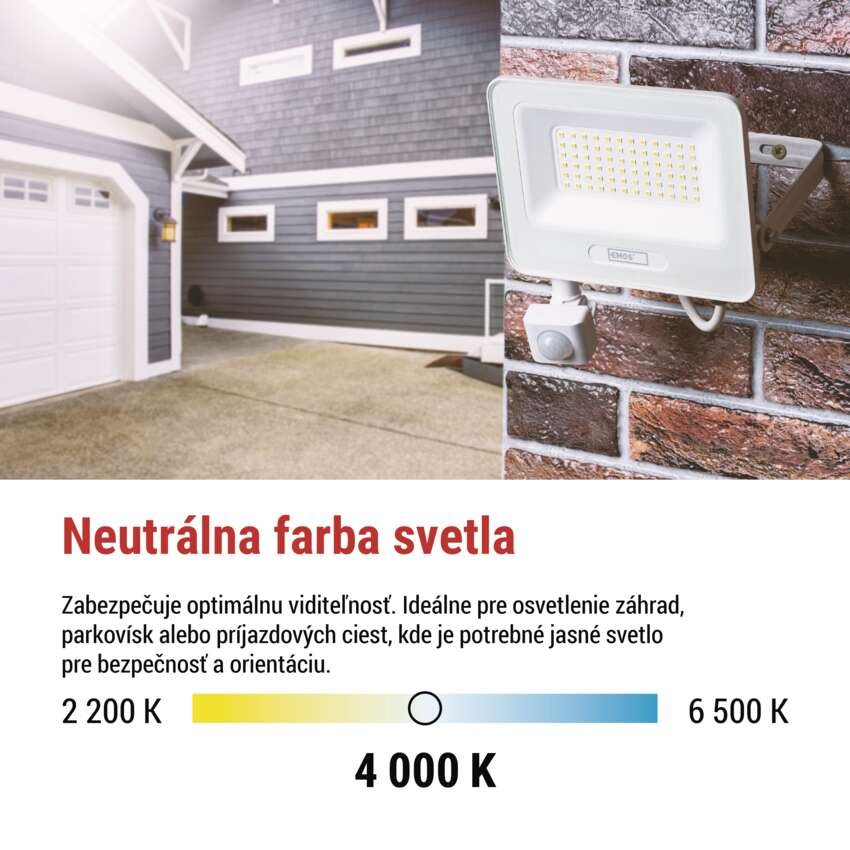 LED reflektor GLARO s pohybovým čidlom, 20 W, biely, IP54, 2000 lm, neutrálna biela