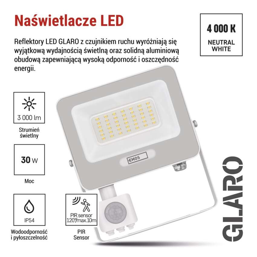 Naświetlacz LED GLARO PIR 30 W, biały, IP54, 3000 lm, neutralna biel