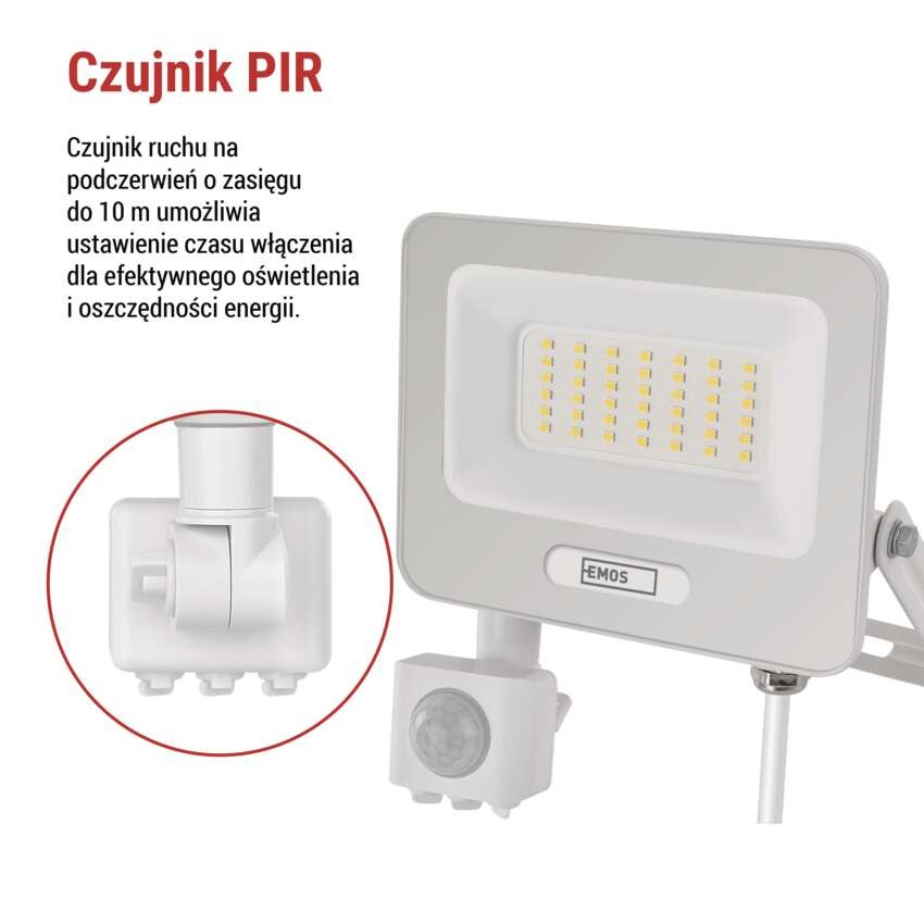 Naświetlacz LED GLARO PIR 30 W, biały, IP54, 3000 lm, neutralna biel