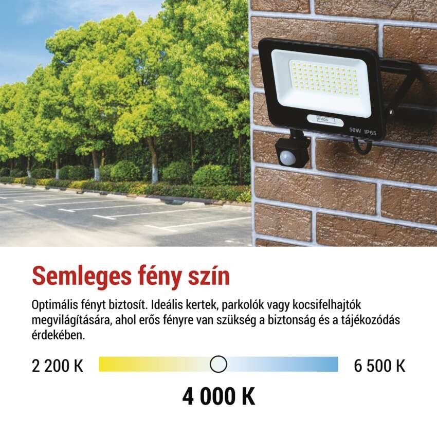 LED reflektor GLARO PIR 50 W, fekete, IP54, 5000 lm, természetes fehér