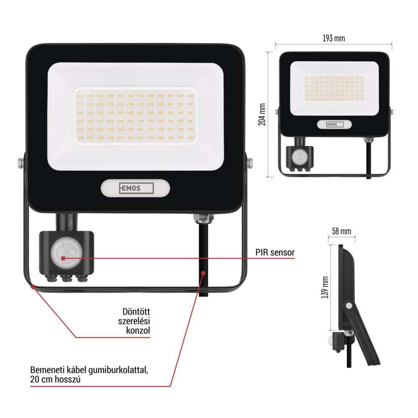 LED reflektor GLARO PIR 50 W, fekete, IP54, 5000 lm, természetes fehér