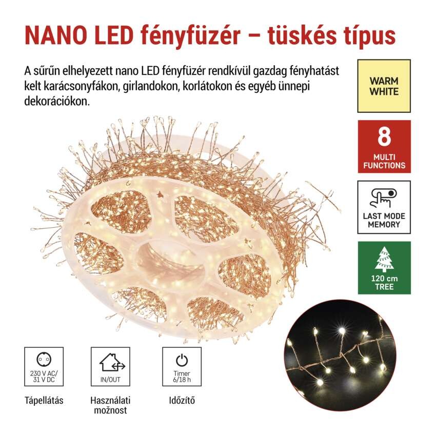 LED nano fényfüzér tekercsen, rézszínű, 9,6 m, meleg fehér, időzítő