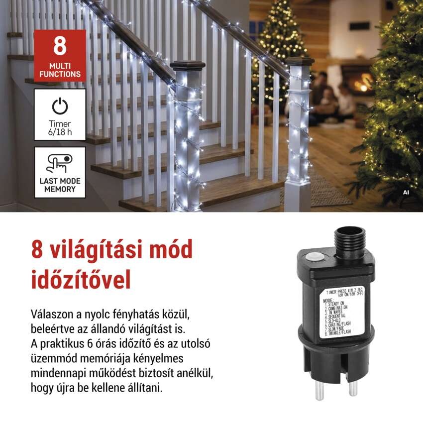 LED nano fényfüzér tekercsen, ezüst , 9,6 m, hideg fehér, időzítő