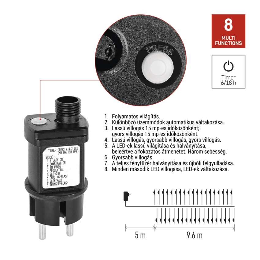 LED nano fényfüzér tekercsen, ezüst , 9,6 m, hideg fehér, időzítő