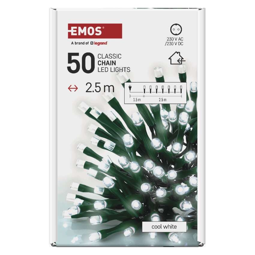 Lampki choinkowe Classic 50 LED 2,5m zimna biel, zielony przewód, IP20