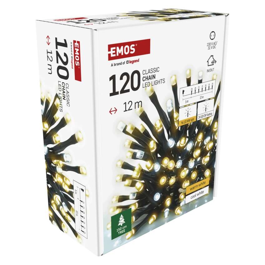 Lampki choinkowe Classic 120 LED 12m ciepła biel + zimna biel miga, IP44, timer