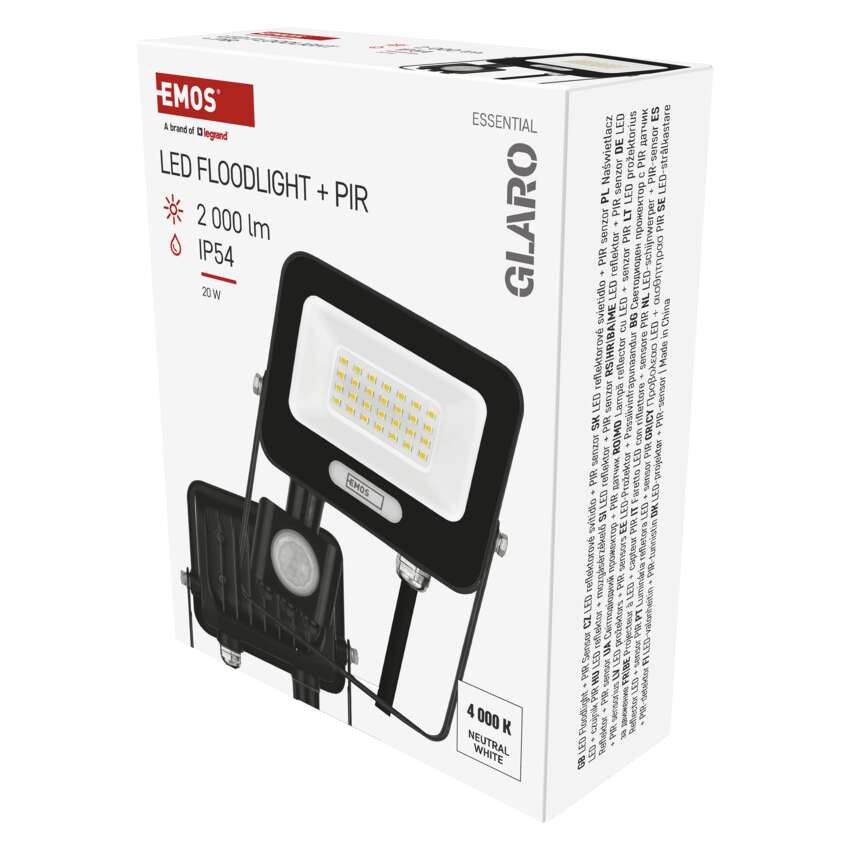 LED reflektor GLARO PIR 20 W, fekete, IP54, 2000 lm, természetes fehér