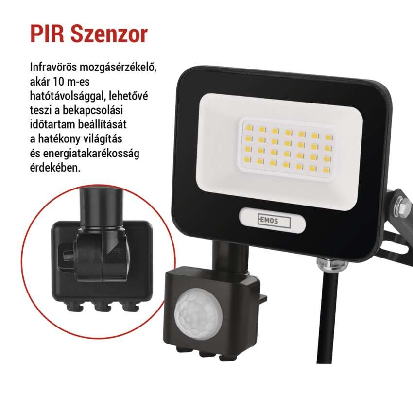 LED reflektor GLARO PIR 20 W, fekete, IP54, 2000 lm, természetes fehér