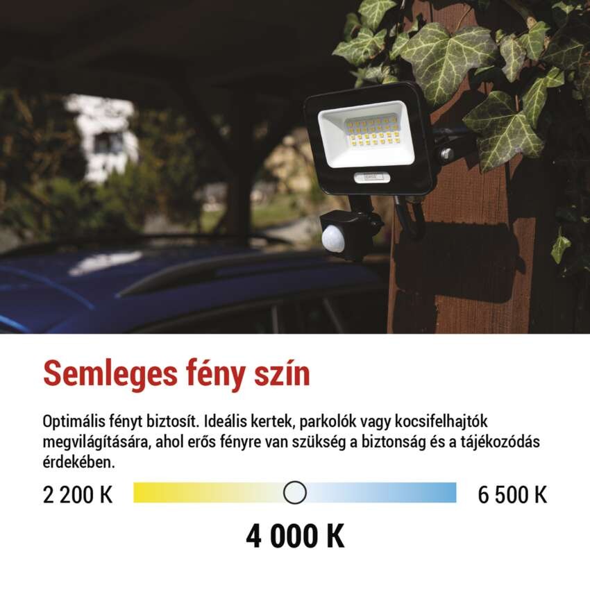 LED reflektor GLARO PIR 20 W, fekete, IP54, 2000 lm, természetes fehér