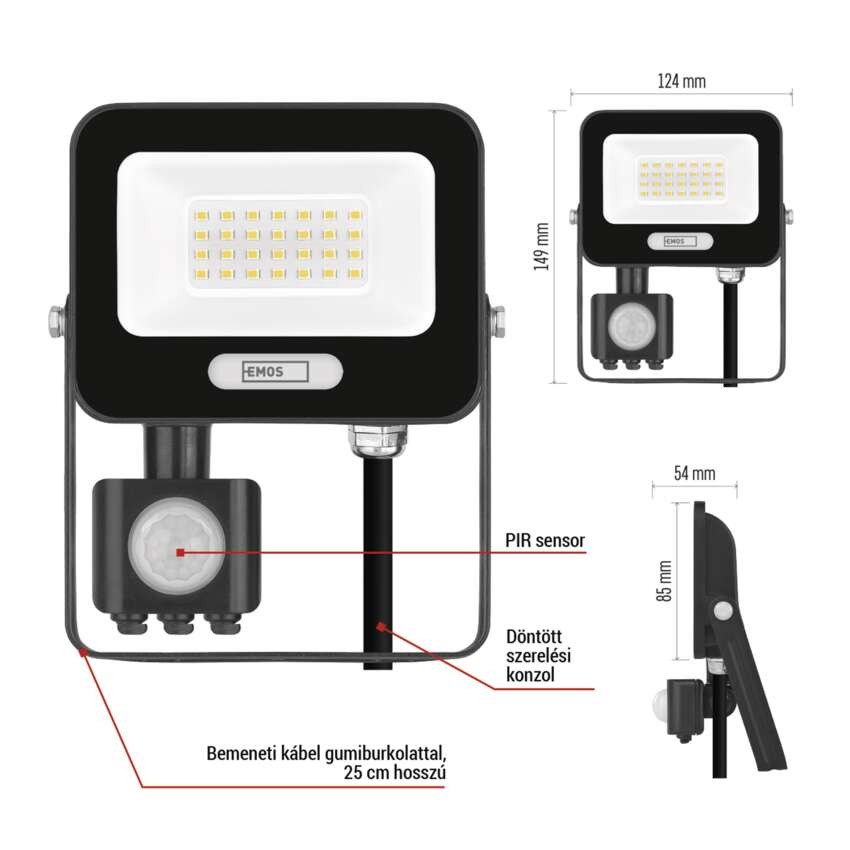 LED reflektor GLARO PIR 20 W, fekete, IP54, 2000 lm, természetes fehér