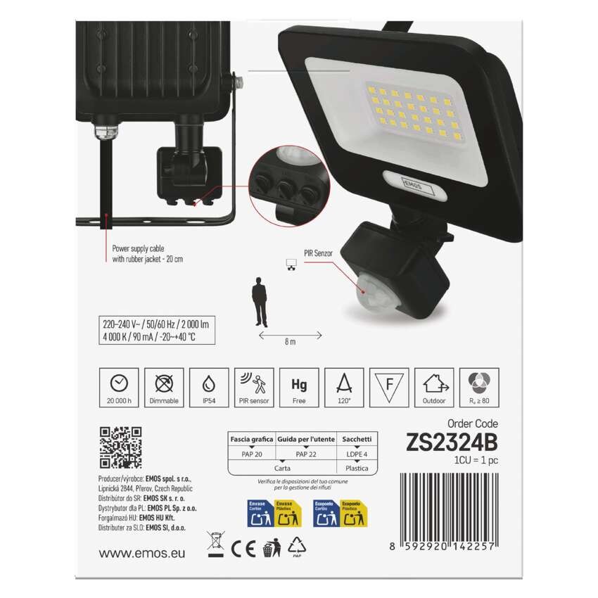 LED reflektor GLARO PIR 20 W, fekete, IP54, 2000 lm, természetes fehér