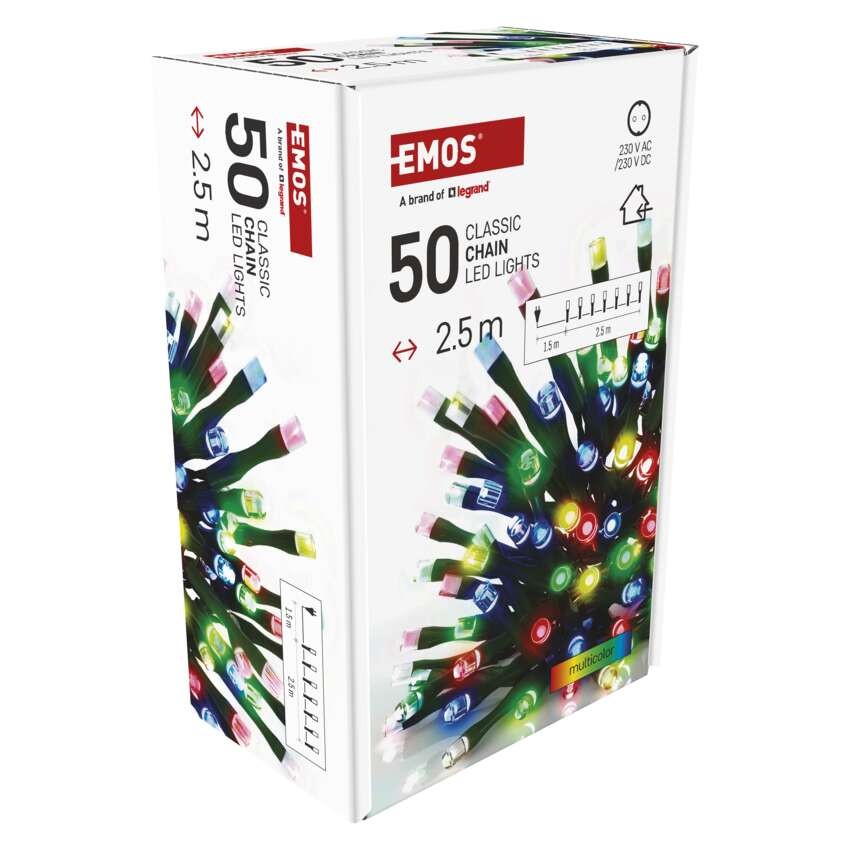 Lampki choinkowe Classic 50 LED 2,5m multikolor, zielony przewód, IP20