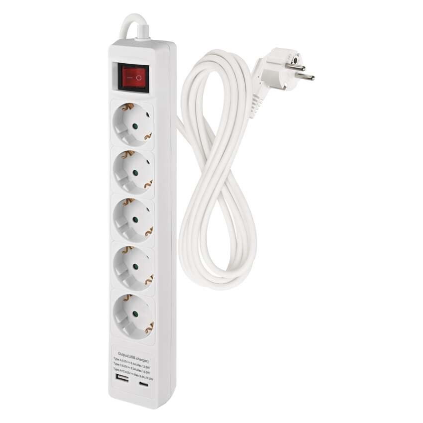 Pikendusjuhe 3 m / 5 Pistikupesa / koos lülitiga / valge / 1× USB-A + 1× USB-C / 1,5 mm2