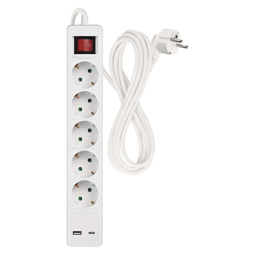Pikendusjuhe 3 m / 5 Pistikupesa / koos lülitiga / valge / 1× USB-A + 1× USB-C / 1,5 mm2