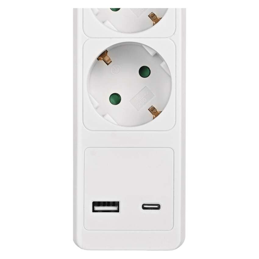 Pikendusjuhe 3 m / 5 Pistikupesa / koos lülitiga / valge / 1× USB-A + 1× USB-C / 1,5 mm2