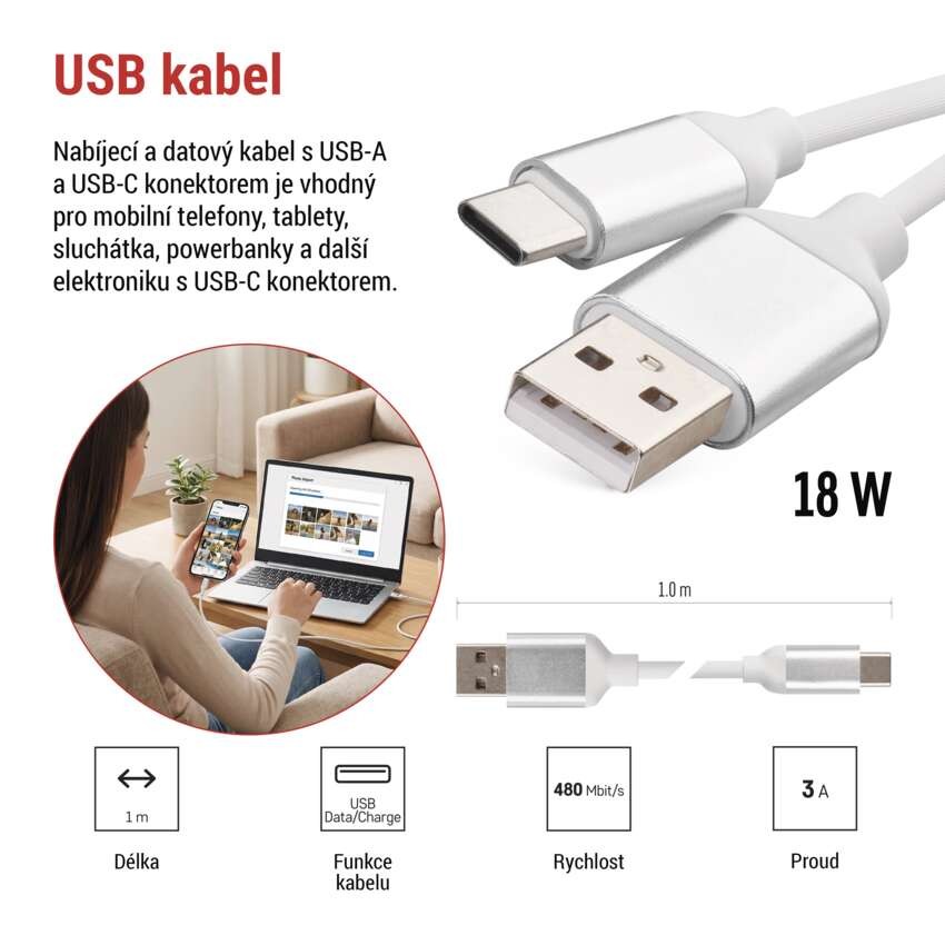 Nabíjecí a datový kabel USB-A 2.0 / USB-C 2.0, 1 m, bílý