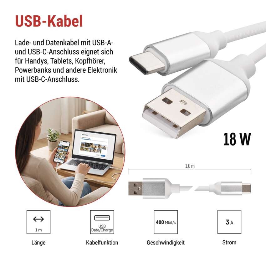 USB Kabel 2.0 A Stecker - C Stecker 1m, weiss