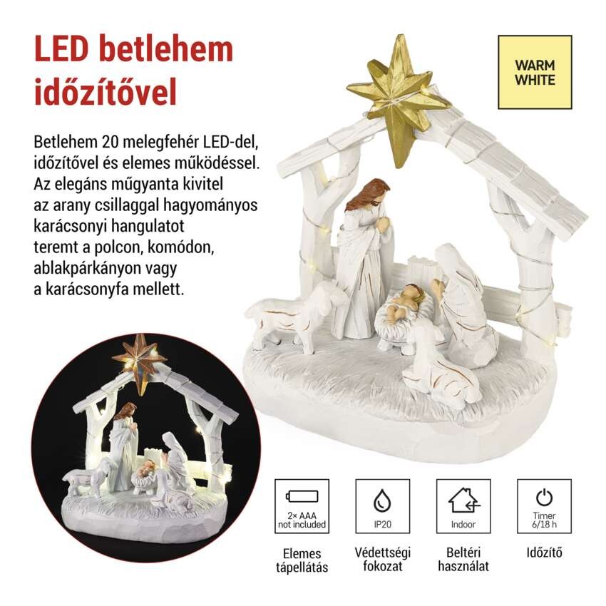 LED karácsonyi betlehem, 16,5 cm, 2 db AAA elem, beltéri használatra, meleg fehér fény, i