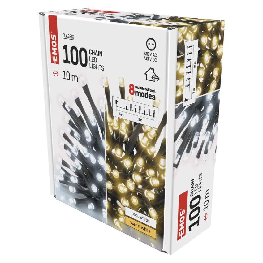 LED jõuluvalguskett 2-in-1, 10 m, õue/tuppa, soe/külm valge, 8 režiimi